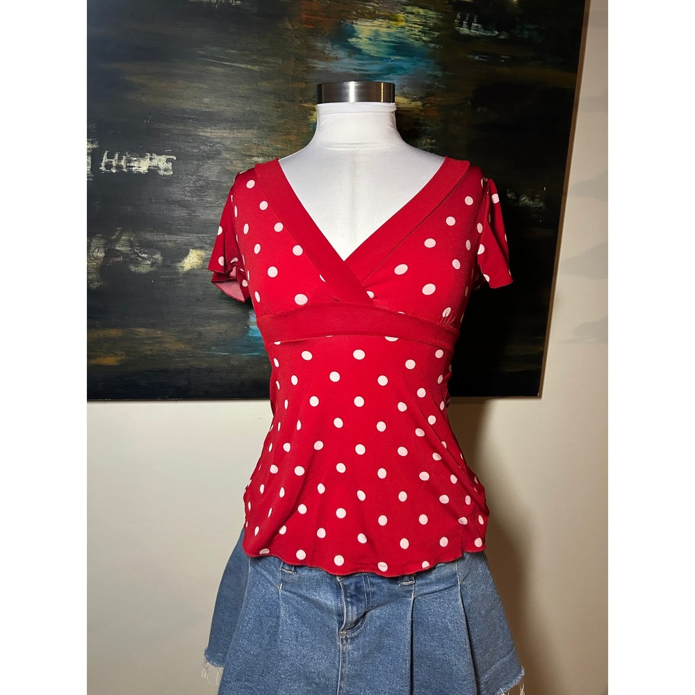 Loiter Polka Dot Top Medium Red V-Neck Empire Waist Tie Back Y2K Minnie Mouse